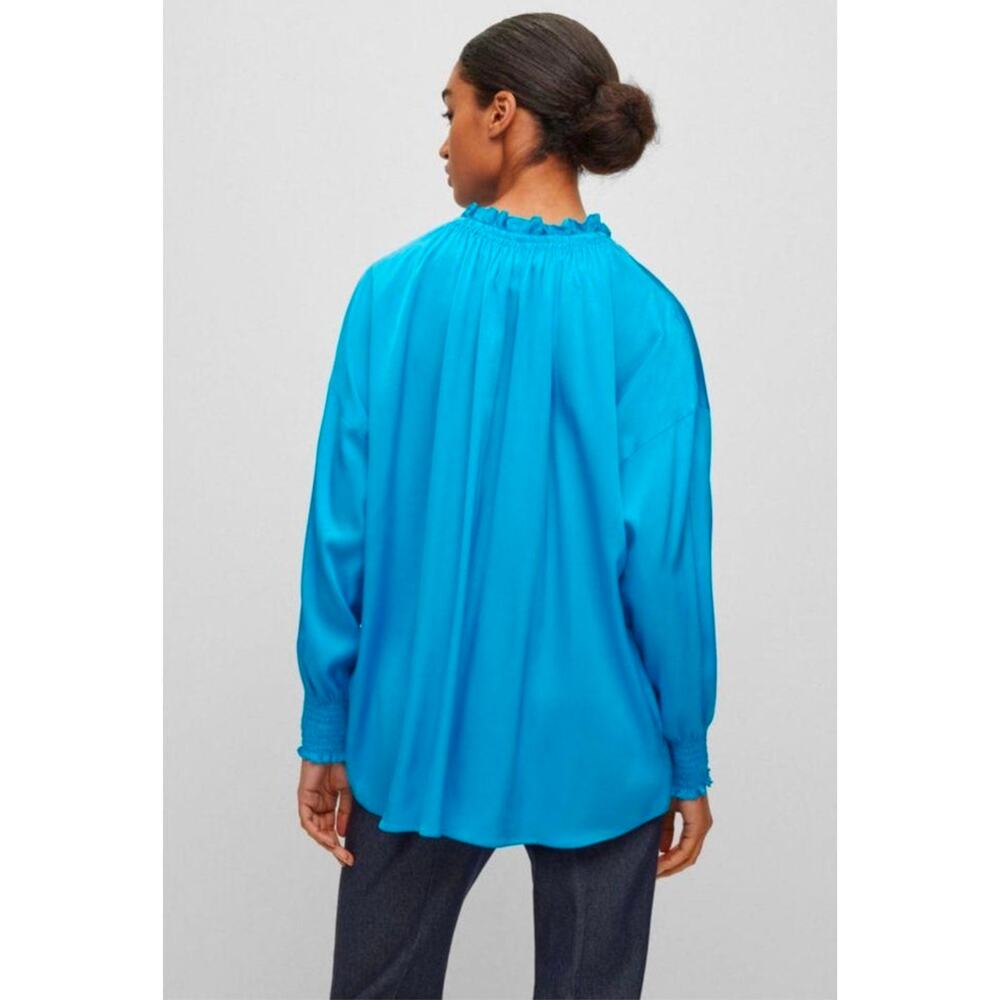 BOSS Womens Baratina Silk Blend size 8 Blue Blouse Long Sleeve Designer New - Picture 3 of 10